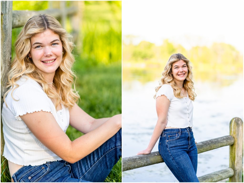 senior girl poses by a lake at Stephens Lake Park in Columbia Missouri for her senior portrait session with West Plains Missouri Wedding and Senior Portrait photographer, Hannah Carr Photography.