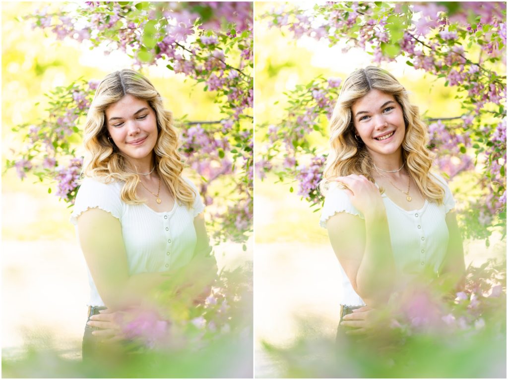 senior girl poses in a flowering tree at Stephens Lake Park in Columbia Missouri for her senior portrait session with West Plains Missouri Wedding and Senior Portrait photographer, Hannah Carr Photography.