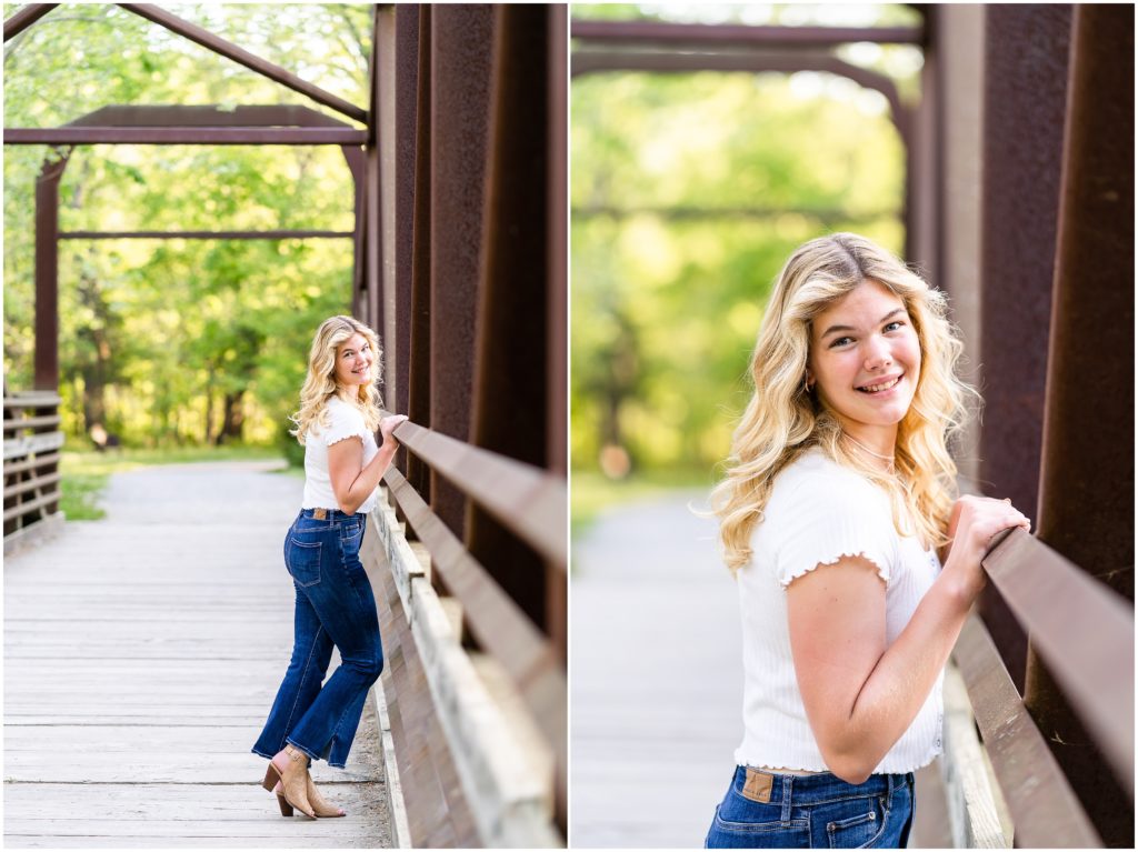 senior girl poses on a bridge at Grindstone Nature Area in Columbia Missouri for her senior portrait session with West Plains Missouri Wedding and Senior Portrait photographer, Hannah Carr Photography.
