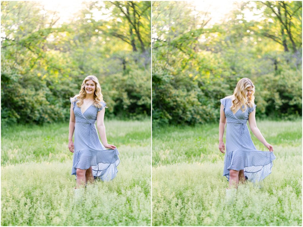 senior girl poses in a grassy field at Grindstone Nature Area in Columbia Missouri for her senior portrait session with West Plains Missouri Wedding and Senior Portrait photographer, Hannah Carr Photography.