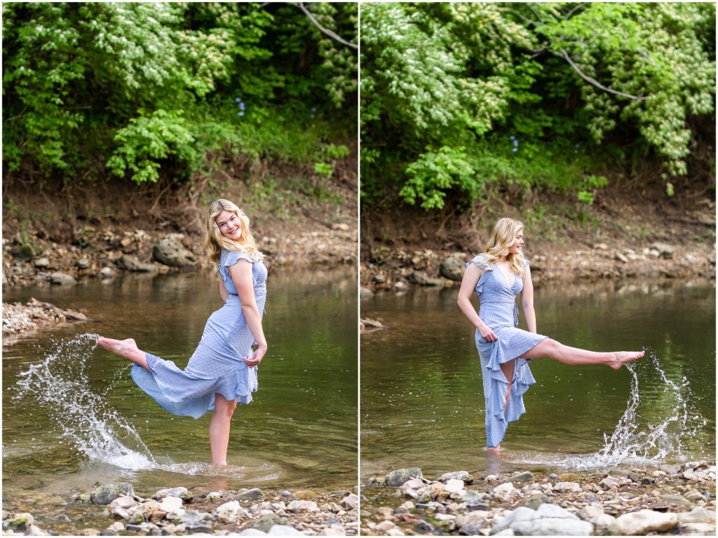  senior girl poses by kicking water out of a creek at Grindstone Nature Area in Columbia Missouri for her senior portrait session with West Plains Missouri Wedding and Senior Portrait photographer, Hannah Carr Photography.