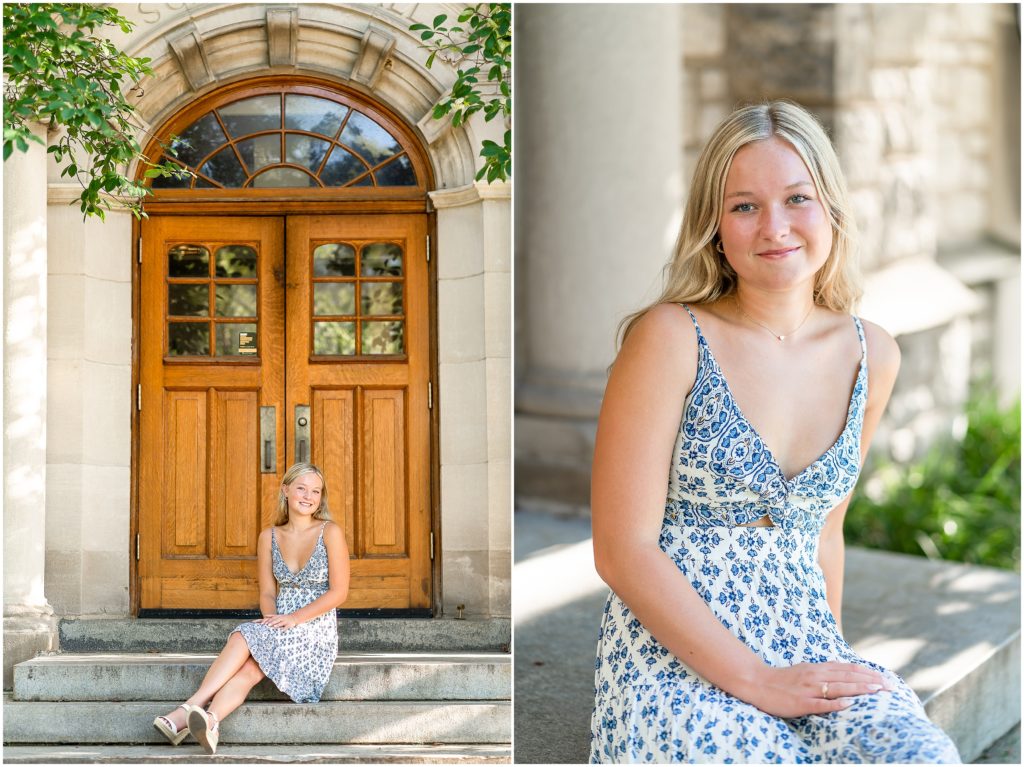 Senior girl poses in front of wood door for her senior pictures at Mizzou in Columbia, Missouri by West Plains, Missouri photographer, Hannah Carr Photography