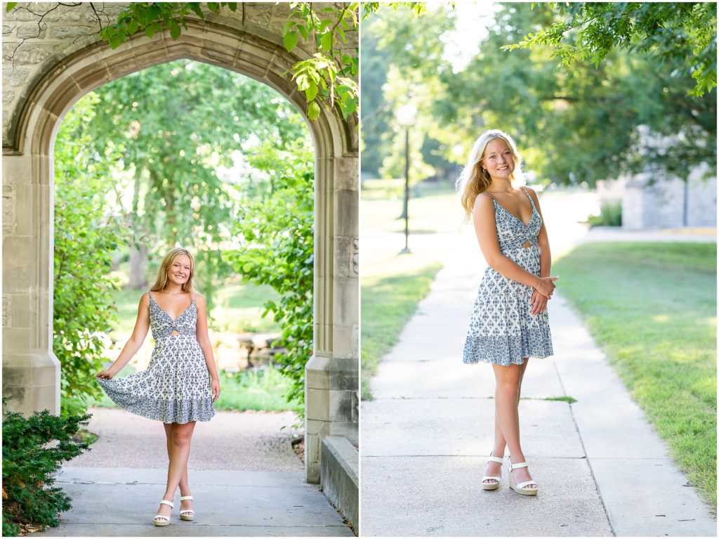 Senior girl poses in front of archway for her senior pictures at Mizzou in Columbia, Missouri by West Plains, Missouri photographer, Hannah Carr Photography