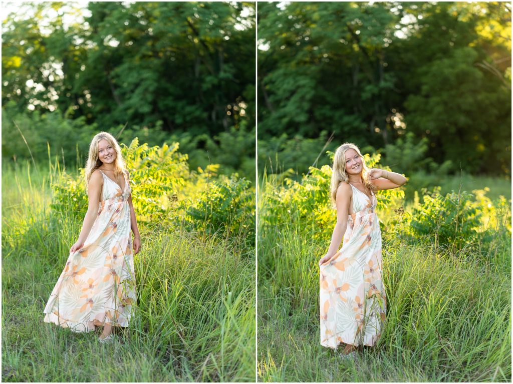 Senior girl wearing a long dress poses in a wildflower field for her senior picture session in Columbia, Missouri by West Plains, Missouri photographer, Hannah Carr Photography