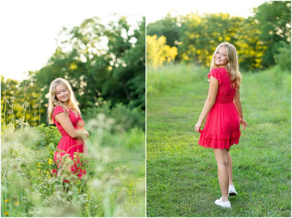 Senior girl wearing a pink dress poses in a wildflower field for her senior picture session in Columbia, Missouri by West Plains, Missouri photographer, Hannah Carr Photography