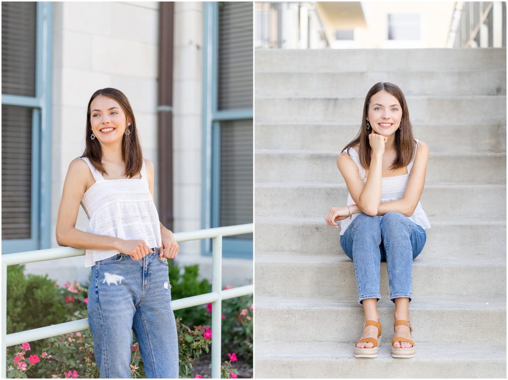 Senior girl poses in downtown Columbia, MO for her senior portrait session with West Plains, MO photographer, Hannah Carr Photography