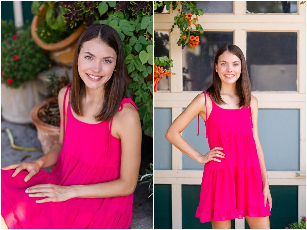 Senior girl poses in hot pink dress against a flower covered garage in Columbia, MO for her senior portrait session with West Plains, MO photographer, Hannah Carr Photography