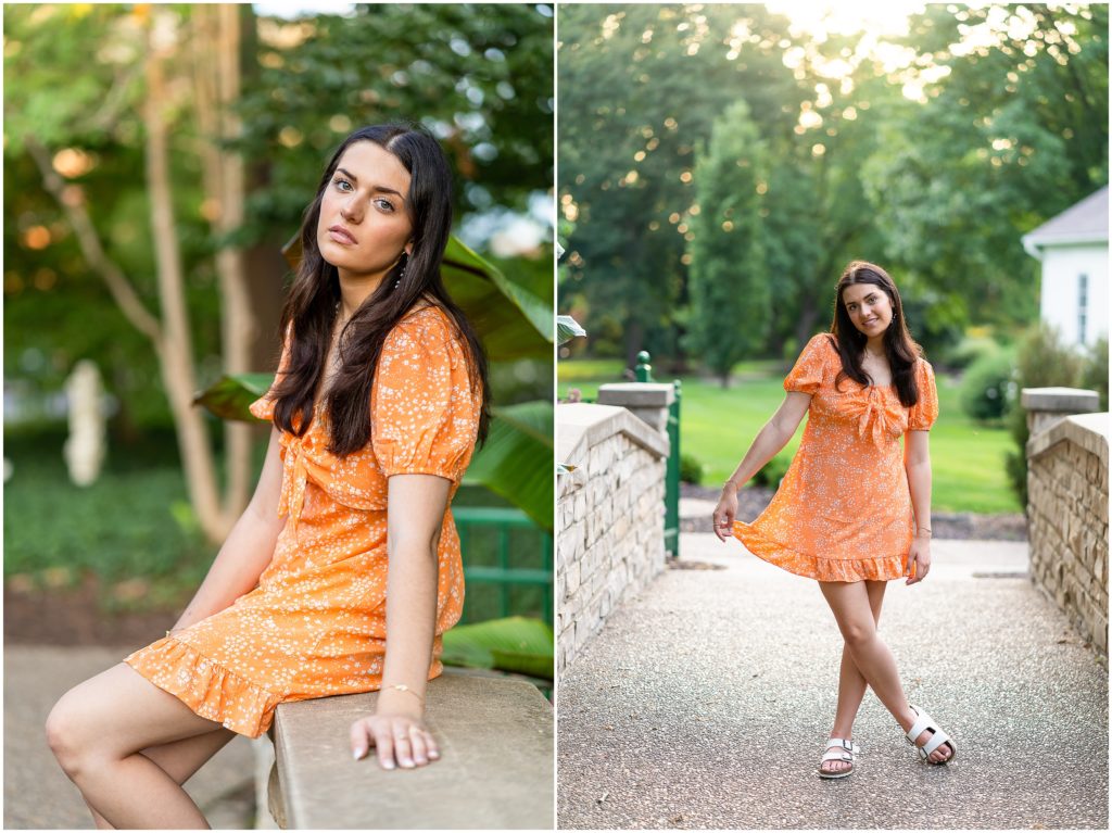Senior girl poses on a walkway bridge at Shelter Gardens in Columbia Missouri for her senior session with West Plains Photographer, Hannah Carr Photography.