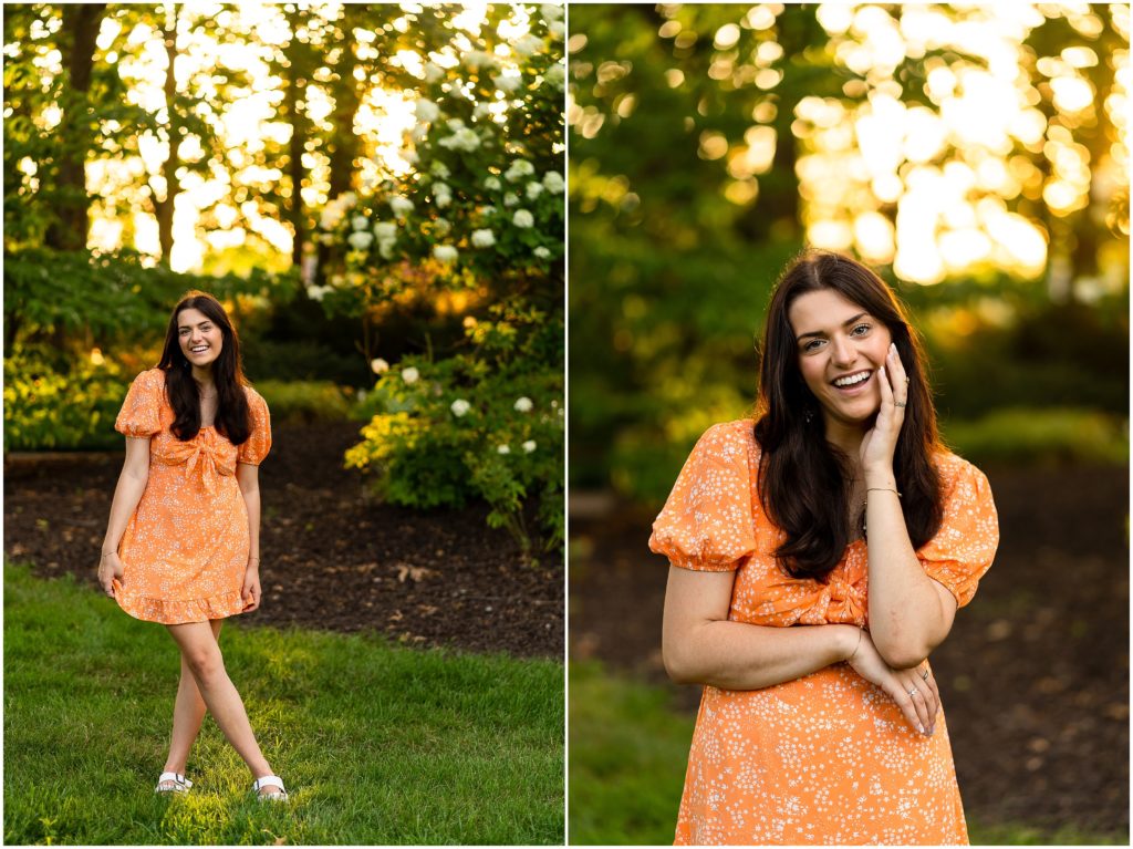 Senior girl poses at sunset at Shelter Gardens in Columbia Missouri for her senior session with West Plains Photographer, Hannah Carr Photography.