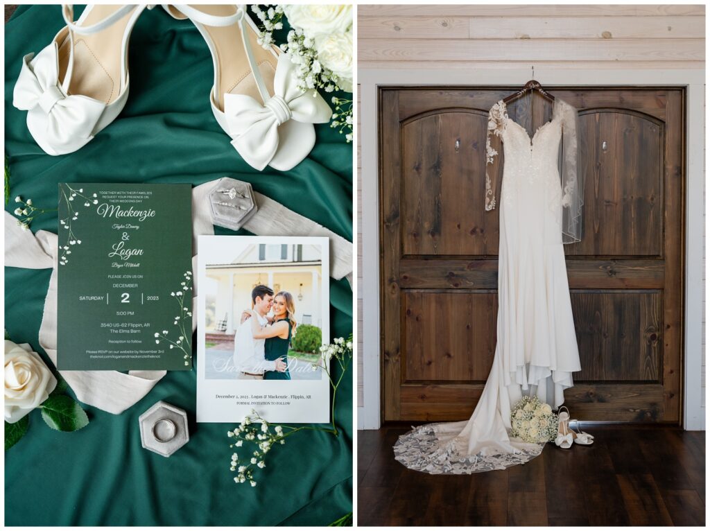 A photo of a bride's wedding dress and details for her wedding at The Elms Barn in Flippin, AR taken by Arkansas wedding photographer - Hannah Carr Photography.