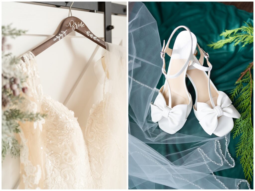A photo of a bride's wedding dress and shoes for her wedding at The Elms Barn in Flippin, AR taken by Arkansas wedding photographer - Hannah Carr Photography.