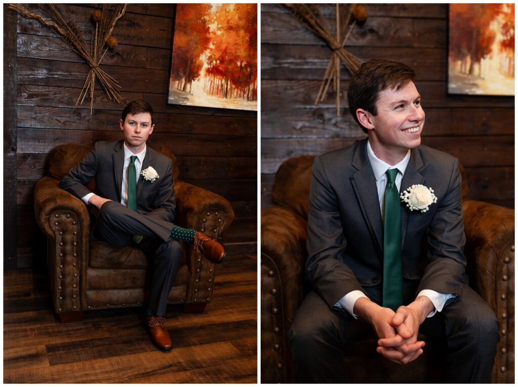 A photo of a groom posing on a chair getting ready for his December wedding at the elms barn in flippin, AR. Picture taken by Hannah Carr Photography.