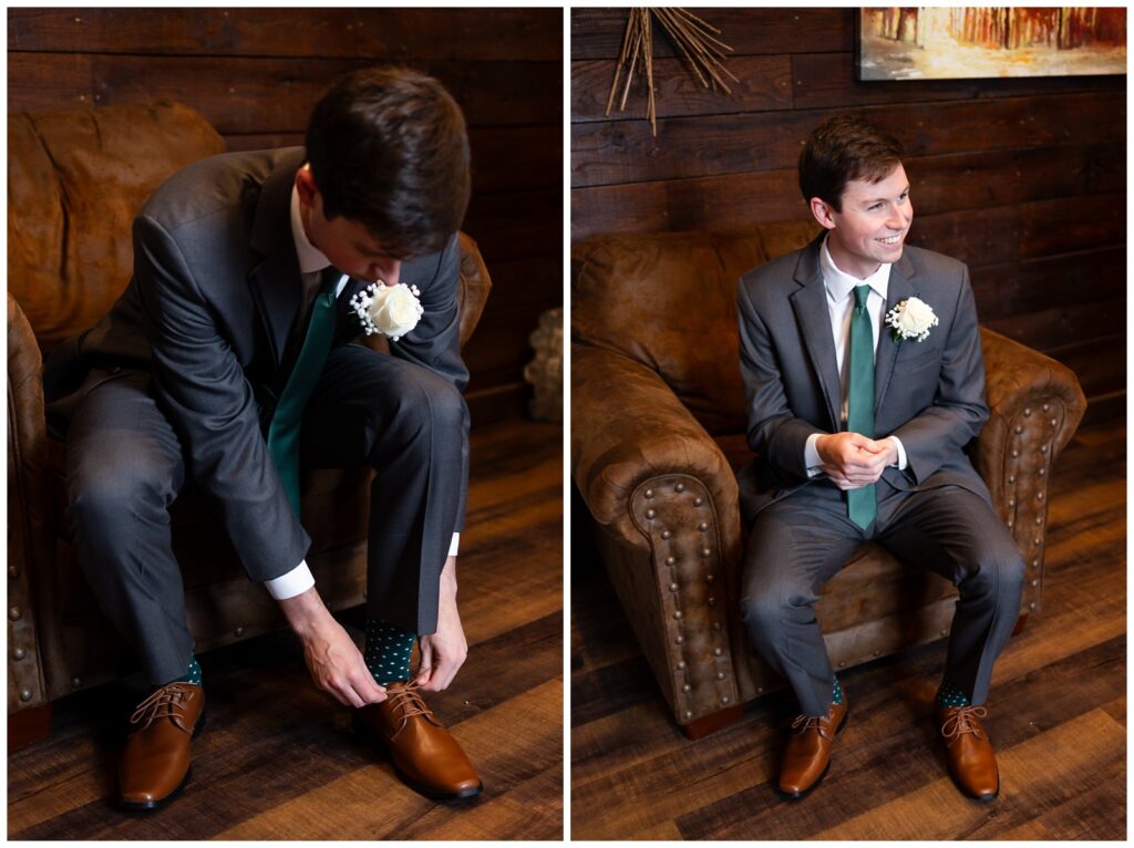 A photo of a groom posing on a chair getting ready for his December wedding at the elms barn in flippin, AR. Picture taken by Hannah Carr Photography.