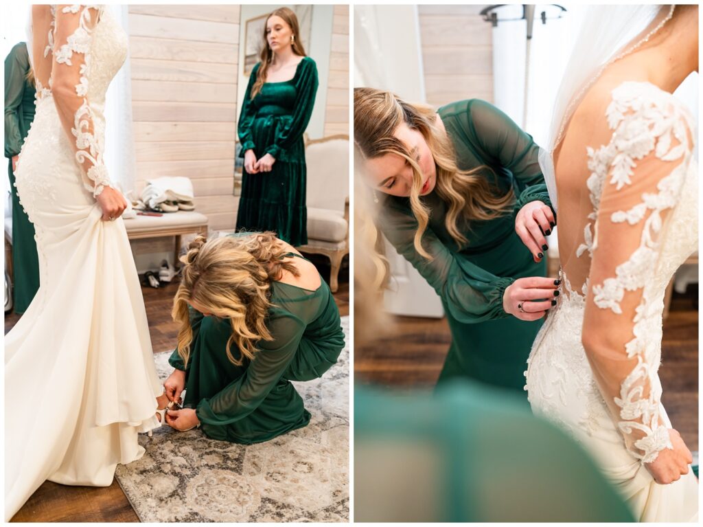 A photo of a bride being helped into her dress by bridesmaids for her December wedding at the elms barn in flippin, AR. Picture taken by Hannah Carr Photography.