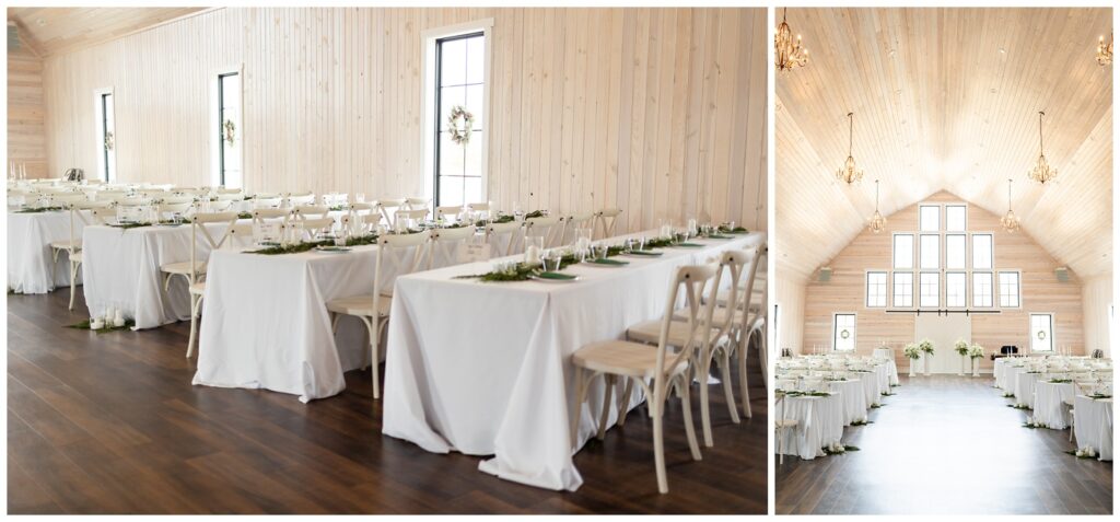 A photo of the inside and of table settings in The Elms Barn in Flippin, AR taken by Arkansas wedding photographer - Hannah Carr Photography.
