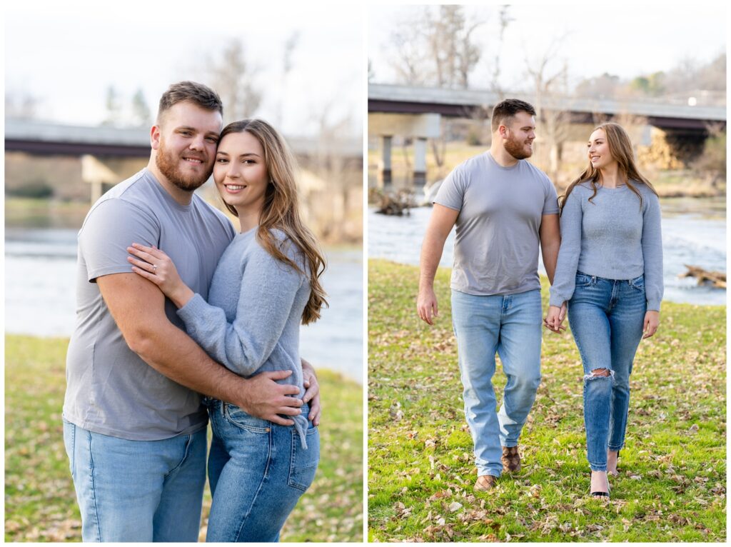 An engaged couple poses by the river at Mammoth Spring State Park for their engagement session with Hannah Carr Photography.
