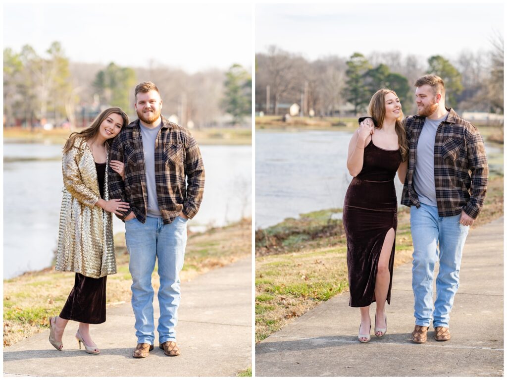 An engaged couple poses by the lake at Mammoth Spring State Park for their engagement session with Hannah Carr Photography.