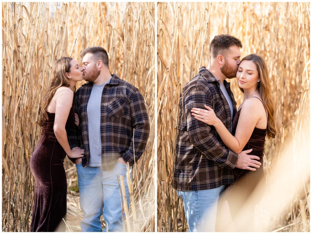 An engaged couple poses in tall grass at Mammoth Spring State Park for their engagement session with Hannah Carr Photography.