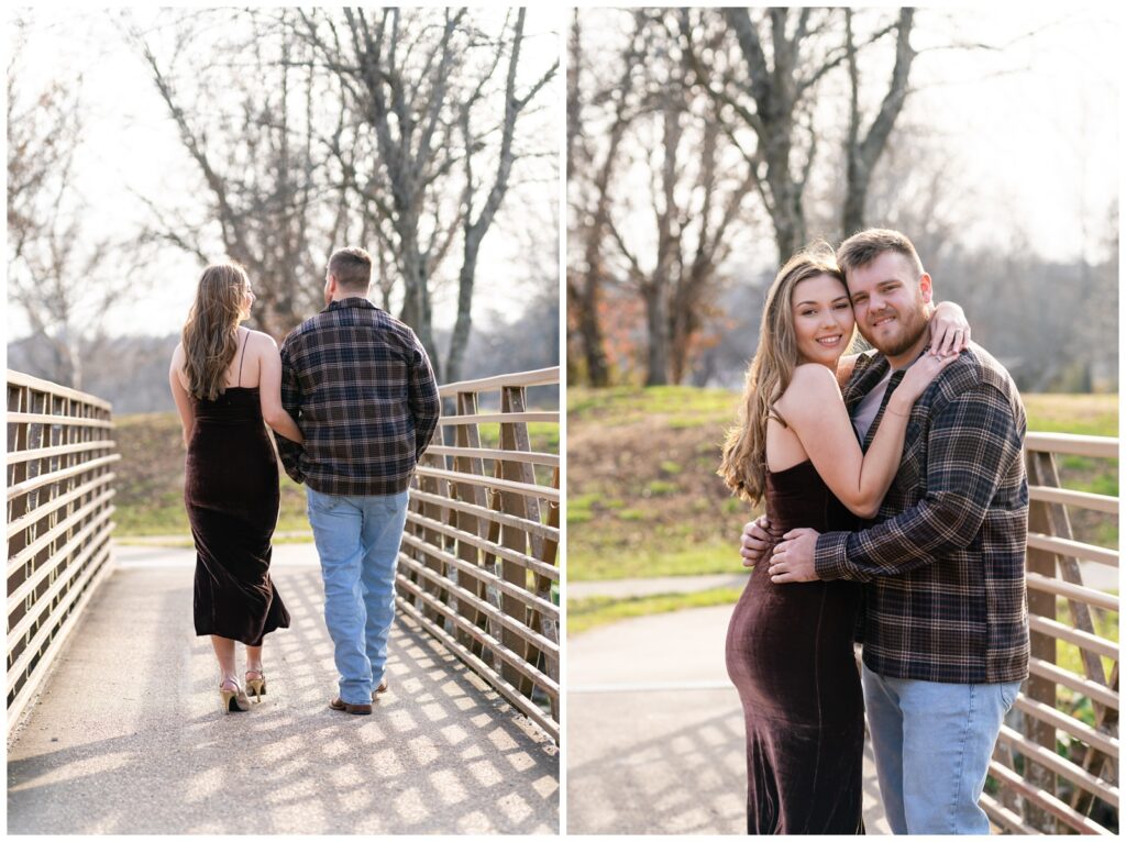 An engaged couple poses on a bridge at Mammoth Spring State Park for their engagement session with Hannah Carr Photography.