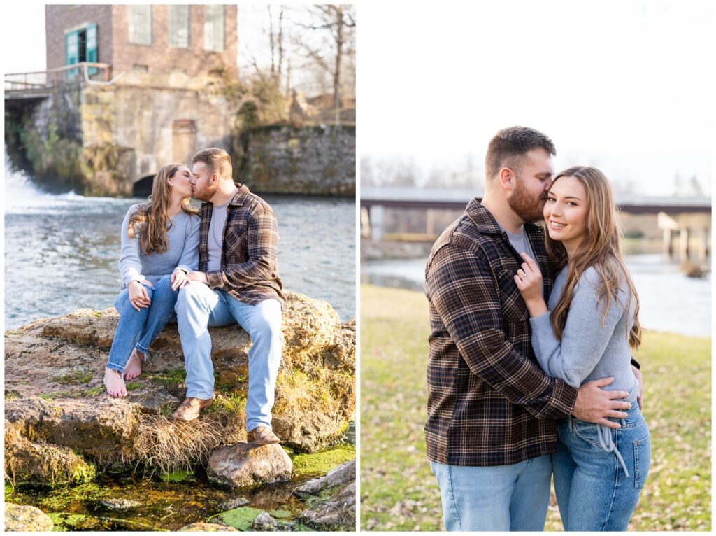 An engaged couple poses by the dam at Mammoth Spring State Park for their engagement session with Hannah Carr Photography.