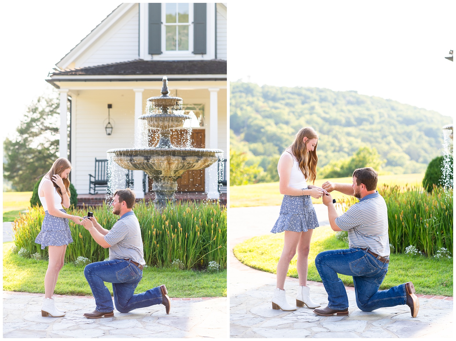 A man kneels as he proposes to his girlfriend in front of the Garden Chapel at Big Cedar Lodge. Images are captured by Hannah Carr Photography