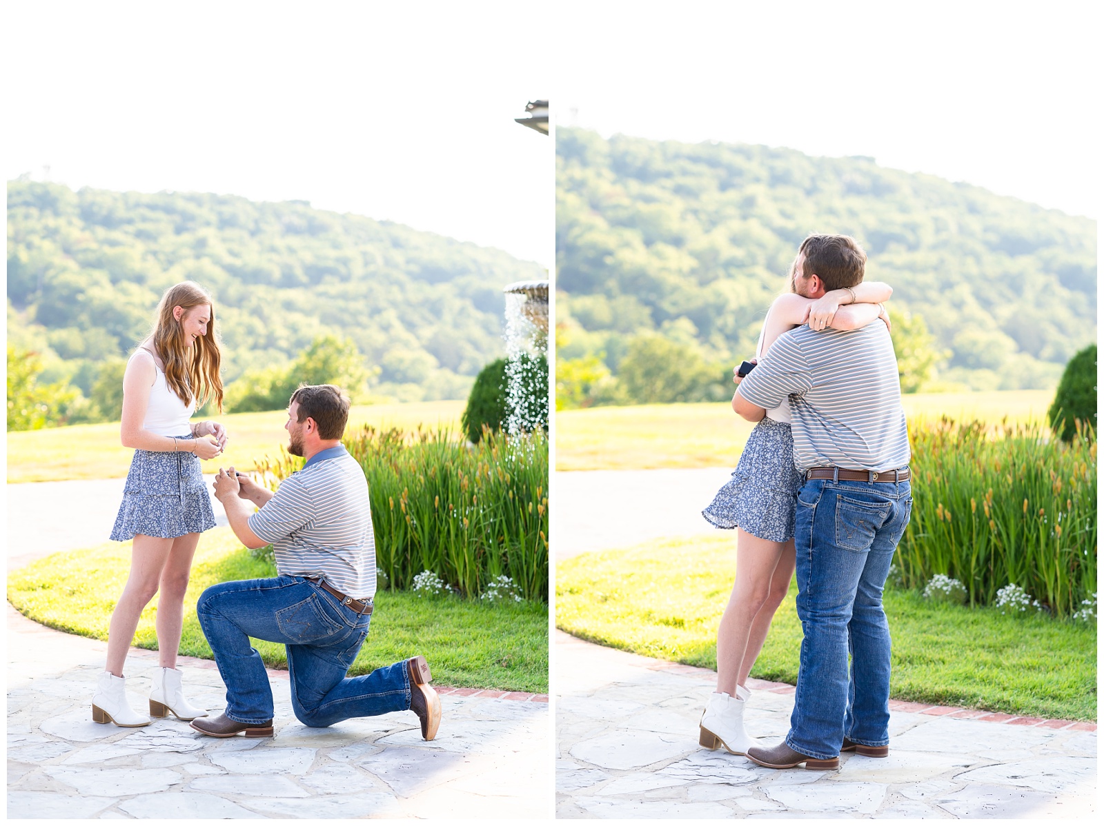 A summer proposal at Big Cedar Lodge in front of the fountain at the Garden Chapel. Images taken by Hannah Carr Photography