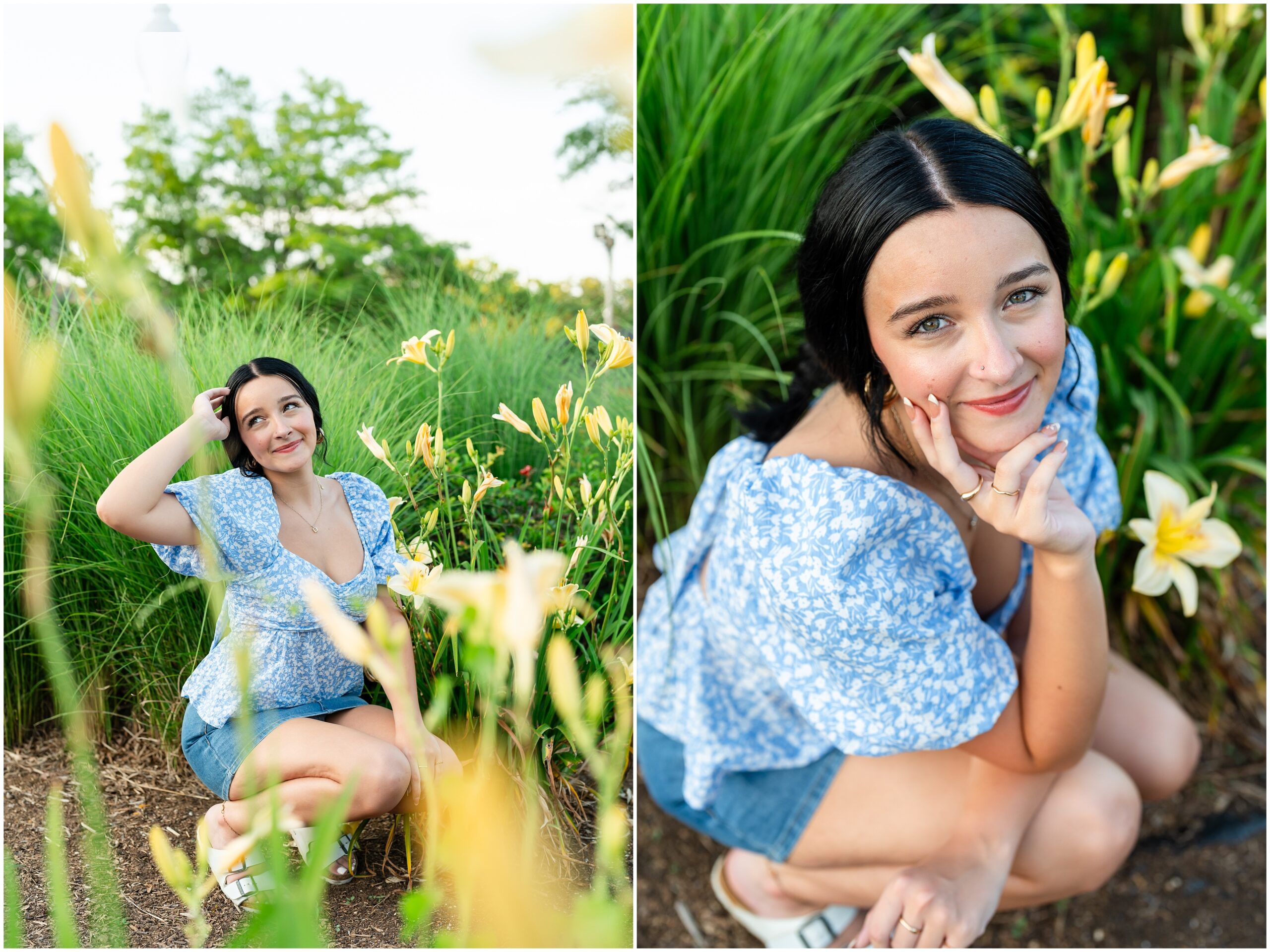 Highland High School senior, Dacy-Lynn, poses with tall grass and flowers in beautiful Cherokee Village, AR for her senior session with North Arkansas Senior Photographer, Hannah Carr Photography.