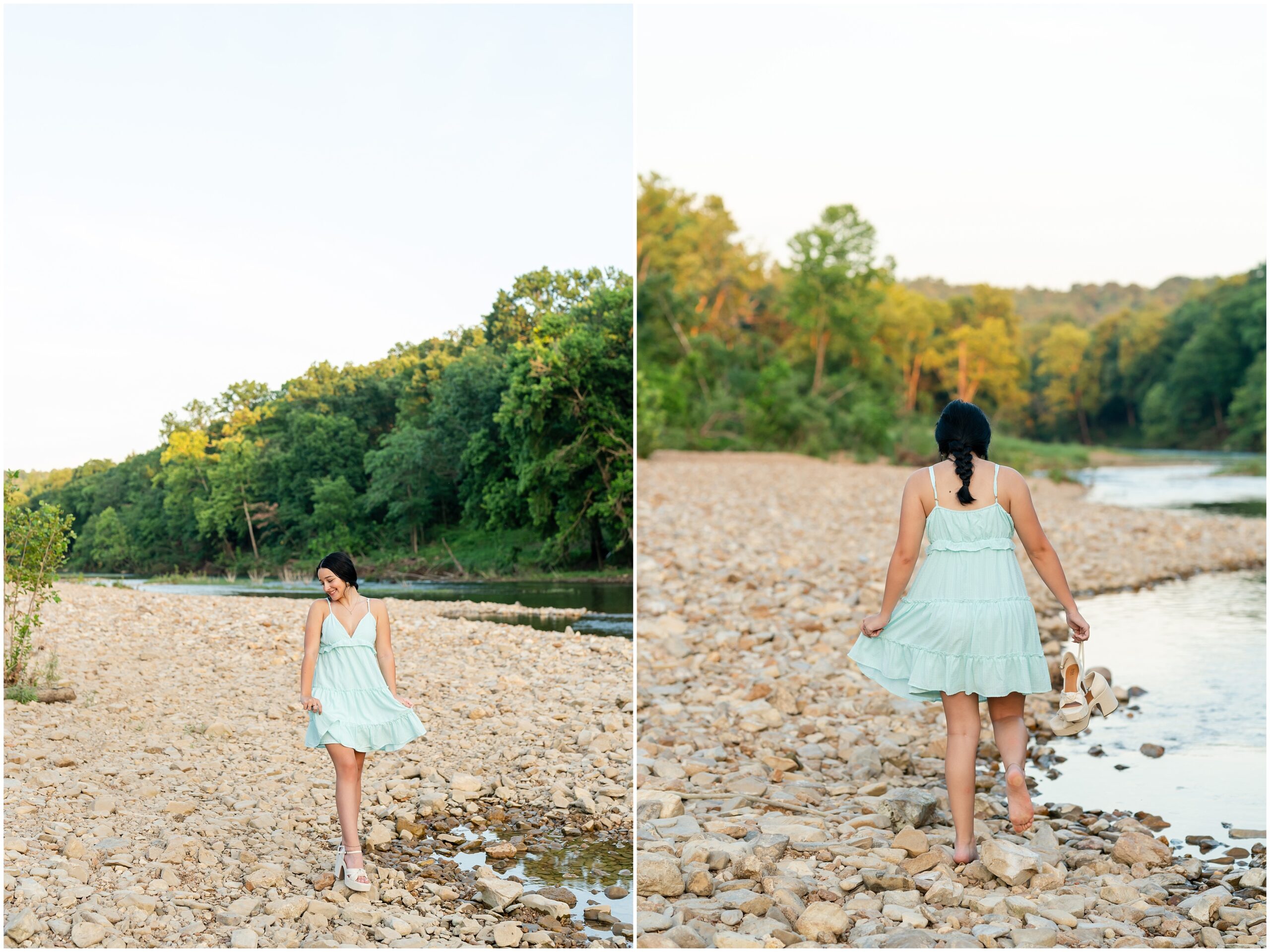 Highland High School senior, Dacy-Lynn, walks on a creek bank in beautiful Cherokee Village, AR for her senior session with North Arkansas Senior Photographer, Hannah Carr Photography.