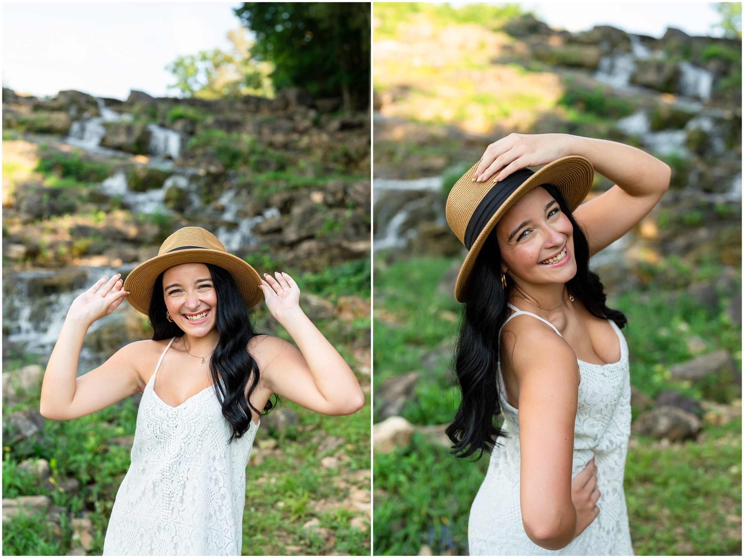 Highland High School senior, Dacy-Lynn, poses near a water fall wearing a white dress and hat in beautiful Cherokee Village, AR for her senior session with North Arkansas Senior Photographer, Hannah Carr Photography.
